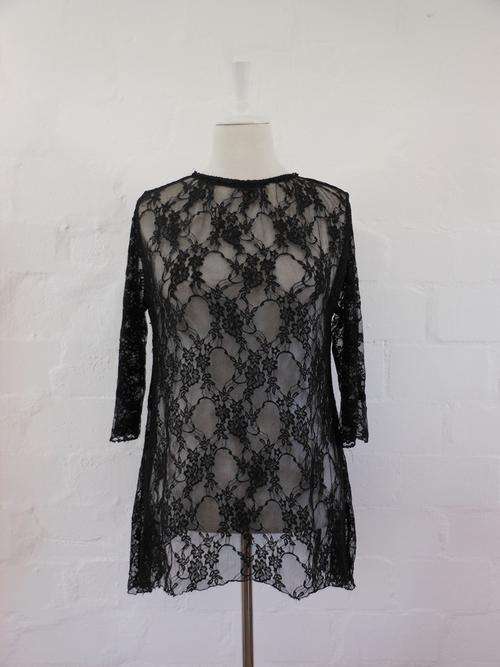 VINTAGE LACE SHEER BLACK FLORAL 3/4 SLEEVES TOP BLOUSE SHIRT - SIZE 12