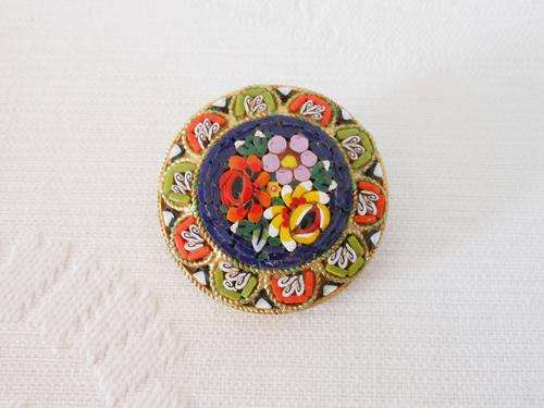VINTAGE ITALIAN MICRO MOSAIC FLORAL GOLD PLATED BROOCH PIN - MADE IN ITALY