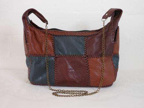VINTAGE GENUINE LEATHER PATCH BROWN NAVY LARGE CHAIN SLING HANDBAG BAG