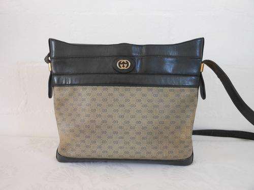 *GUCCI* DESIGNER VINTAGE GENUINE LEATHER CANVAS NAVY SLING CROSSBODY HANDBAG BAG