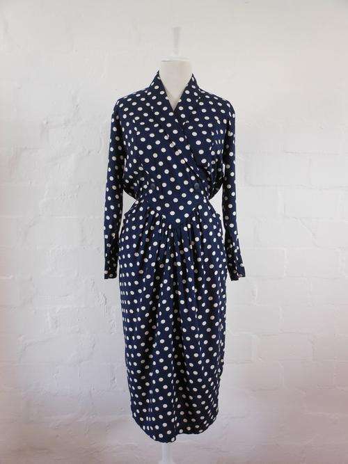 VINTAGE POLKA DOT NAVY BLUE WHITE LONG SLEEVE CRISS CROSS DRESS - SIZE 10