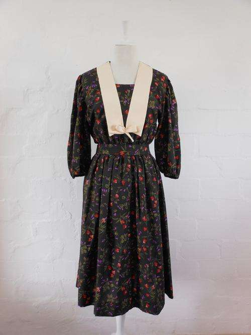 VINTAGE FLORAL PRINT BROWN CREAM DAY DRESS - SIZE 12