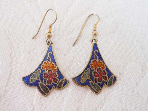 VINTAGE ENAMEL CLOISONNE BLUE FLOWER DROP EARRINGS