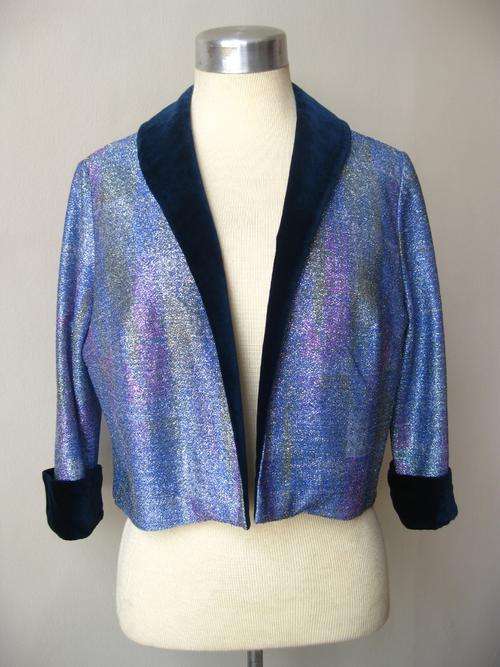 *NEW YEAR SALE - 80% OFF* VINTAGE SHIMMER BLUE NAVY VELVET TRIM JACKET TOP - SIZE M
