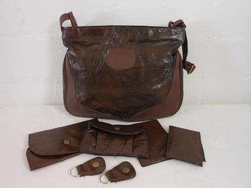 VINTAGE GENUINE LEATHER PATCH BROWN SHOULDER HANDBAG BAG WALLET SET