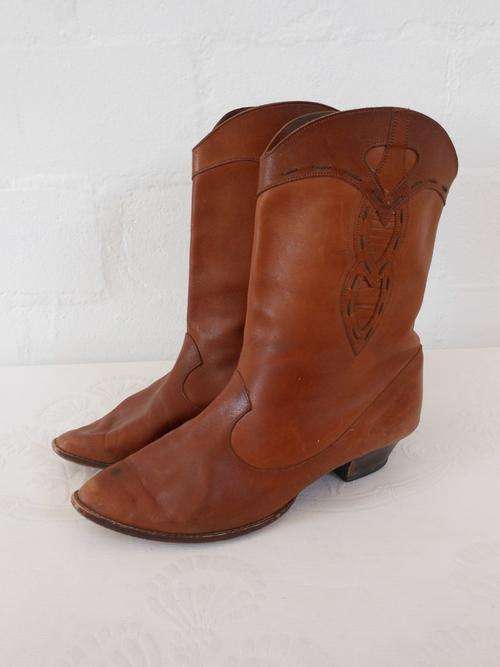 VINTAGE GENUINE LEATHER TAN BROWN COWBOY STYLE LADIES BOOTS - SIZE 7
