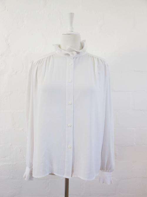 VINTAGE HIGH COLLAR RUFFLE LONG SLEEVE WHITE BLOUSE TOP SHIRT - SIZE 16