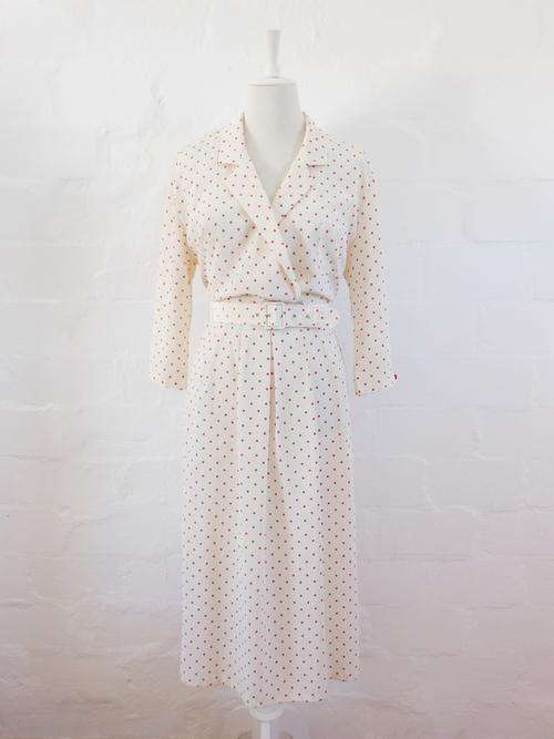VINTAGE POLKA DOT WHITE RED BELTED DAY DRESS - SIZE 14