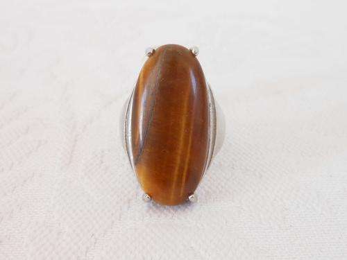 NEW TIGERS EYE GEM STONE CHUNKY SILVER PLATED RING - SIZE U