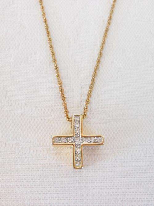 VINTAGE GOLD PLATED RHINESTONE CROSS PENDANT NECKLACE