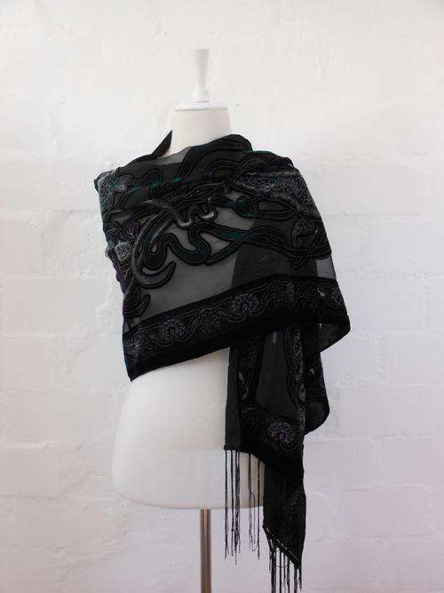 VINTAGE SHEER BLACK VELVET BEADED EMBROIDERED SCARF STOLE SHAWL
