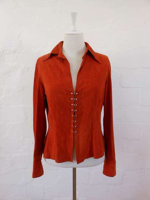 VINTAGE BASIC LEDER WALTER 100% LEATHER ORANGE RED LONG SLEEVE SHIRT TOP - SIZE 12