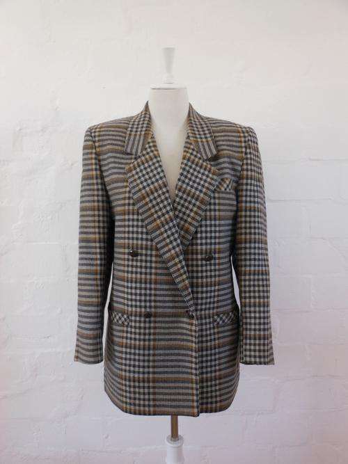 *END SEASON SALE - 25% OFF* VINTAGE 100% WOOL GREY CHECK PLAID COAT BLAZER JACKET - SIZE 12
