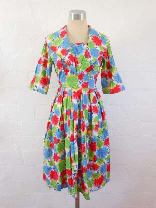 VINTAGE FLORAL PRINT RED BLUE OVERSIZE COLLAR COCKTAIL DRESS - SIZE 8