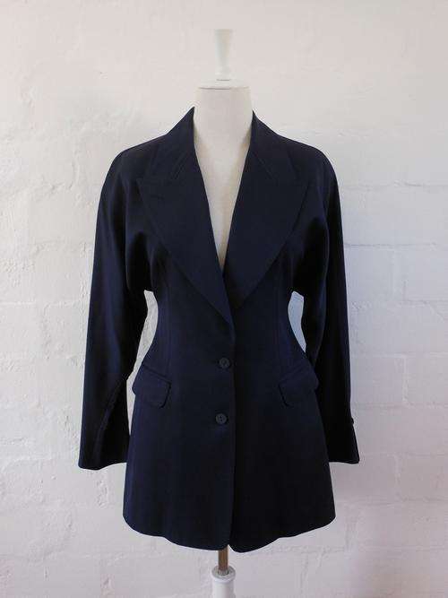 *CLAUDE MILANO PARIS* VINTAGE DESIGNER 100% WOOL NAVY BLUE JACKET BLAZER - SIZE 12