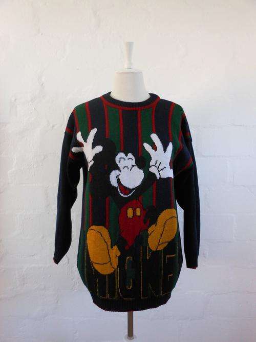 VINTAGE MICKEY MOUSE DISNEY NAVY LONG SLEEVE JERSEY SWEATER - SIZE LARGE