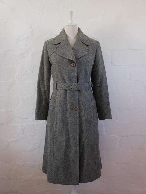VINTAGE PURE WOOL GREY BELTED TRENCH COAT JACKET - SIZE 10