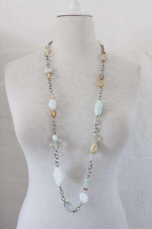 WHITE BEADED SILVER PLATED CHAIN EXTRA LONG NECKLACE