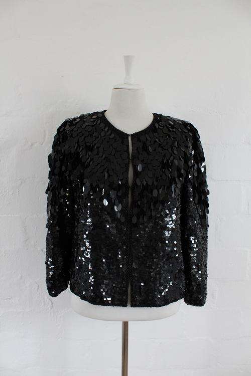 VINTAGE SEQUINED BEADED BLACK JACKET - SIZE 12