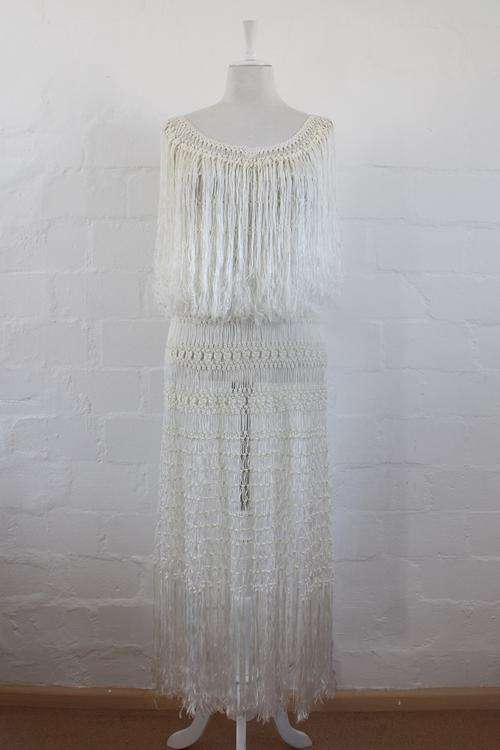 VINTAGE CROCHET KNIT WHITE FRINGED DRESS - SIZE 10