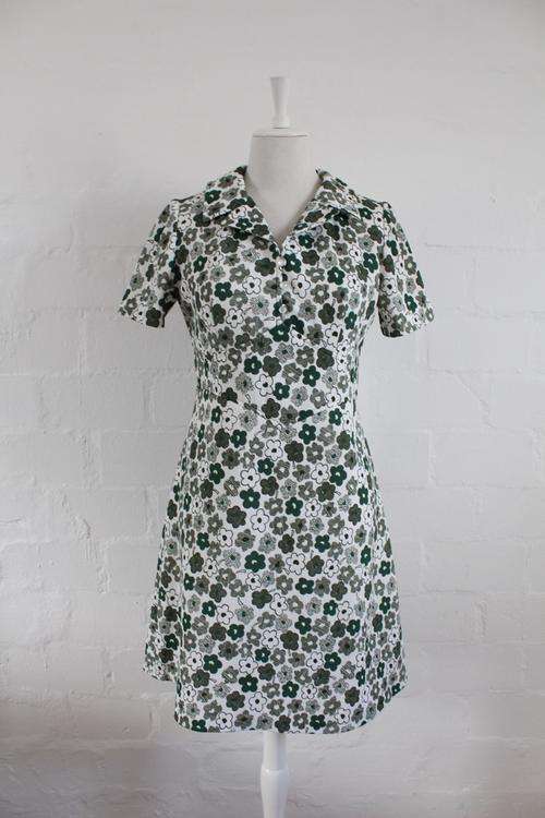 VINTAGE FLORAL PRINT GREEN WHITE DAY DRESS - SIZE 12