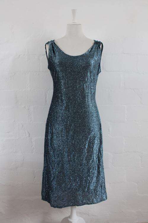 VINTAGE SHIMMERY BLUE BLACK EVENING COCKTAIL DRESS - SIZE 12