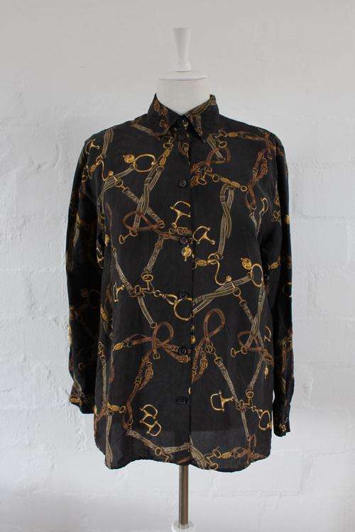 VINTAGE 100% SILK EQUESTRIAN BLACK GOLD PRINTED SHIRT TOP BLOUSE - SIZE 14