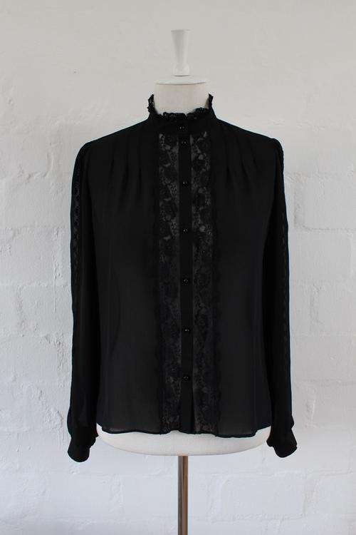 VINTAGE LACE INSERTS SHEER BLACK LONG SLEEVE BLOUSE TOP SHIRT - SIZE 10