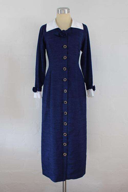 VINTAGE NAVY BLUE LONG SLEEVE BUTTON DOWN DRESS - SIZE 8