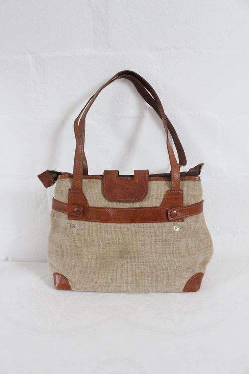 GENUINE LEATHER WOVEN FABRIC SHOULDER HANDBAG BAG