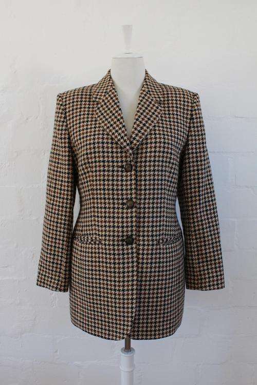 VINTAGE BROWN HOUNDSTOOTH WOOL BLEND BLAZER JACKET - SIZE 12