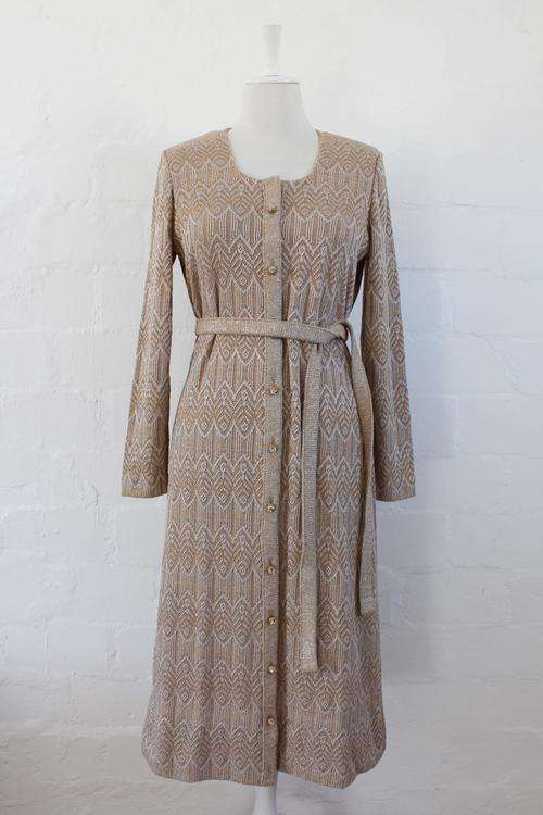 VINTAGE SILVER BROWN BUTTON DOWN TIE WAIST LONG SLEEVE JERSEY KNIT DRESS - SIZE 14