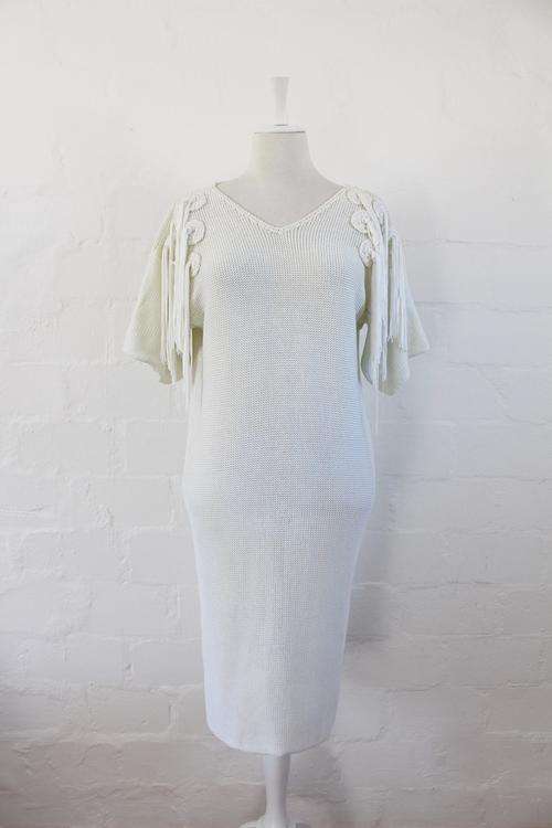 VINTAGE CREAM KNITTED JERSEY TASSEL LOW BACK DRESS - SIZE 14