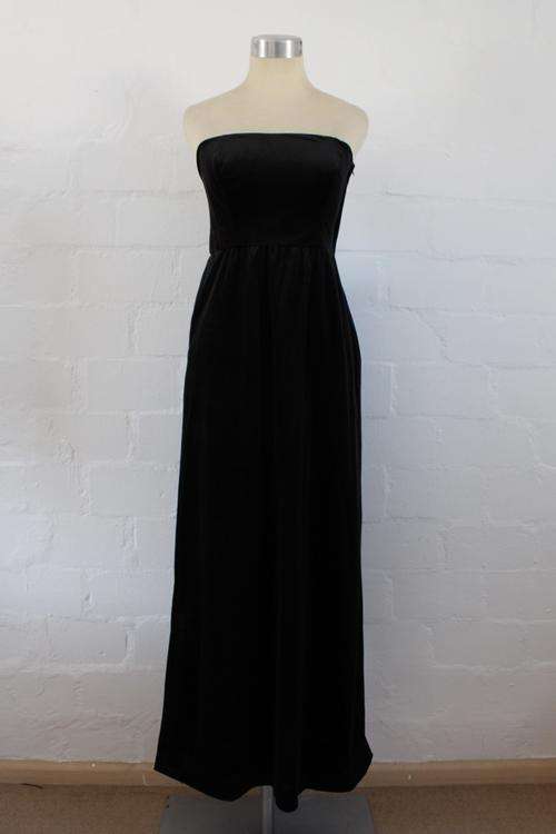 VINTAGE VELVET BLACK BOW KNOT STRAPLESS BOOB TUBE EVENING GOWN DRESS - SIZE 6