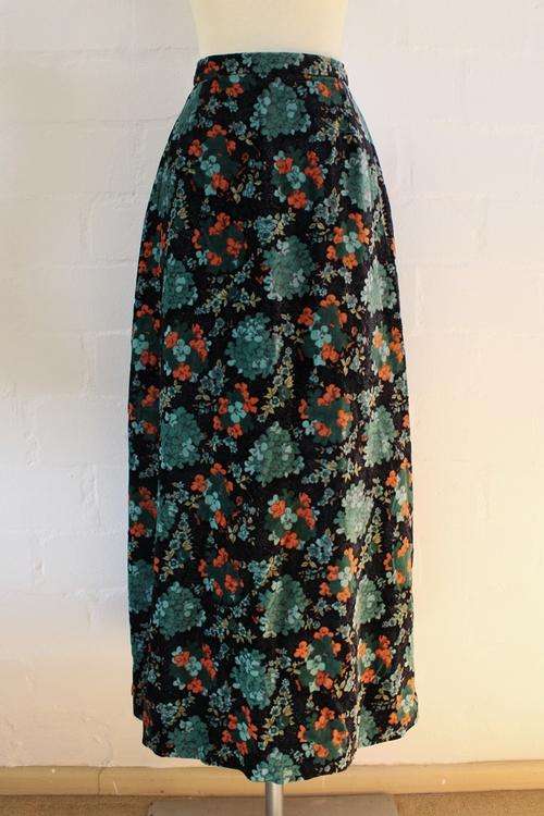 VINTAGE VELVET FLORAL PRINT BLUE ORANGE MAXI LONG SKIRT - SIZE 8
