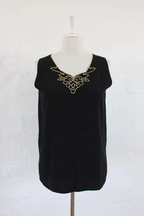 VINTAGE BLACK GOLD EMBROIDERED SLEEVELESS TOP - SIZE 12