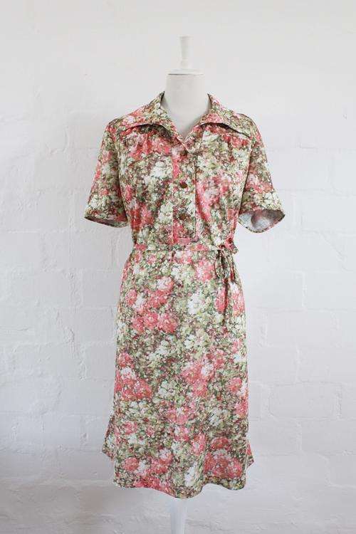 VINTAGE FLORAL PRINT PINK GREEN TIE WAIST DAY DRESS - SIZE 16