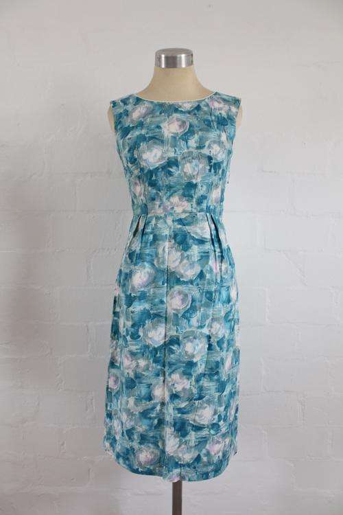 VINTAGE BLUE WHITE WATERCOLOUR PRINT SHIFT DRESS - SIZE 8