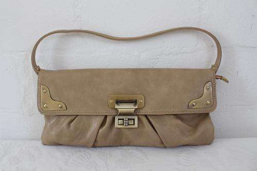 FAUX LEATHER BROWN BEIGE CLUTCH SHOULDER BAG PURSE