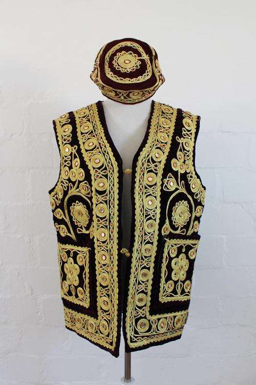 MEN'S VINTAGE AFGHAN PASHTUN EMBROIDERED MIRRORED VELVET VEST WAISTCOAT - SIZE LARGE