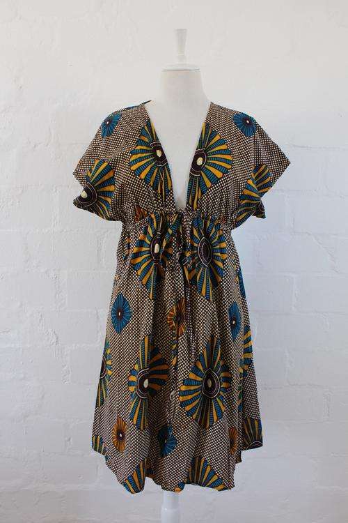 AFRICAN TRIBAL PRINT BROWN BLUE TIE FRONT DAY DRESS - SIZE LARGE