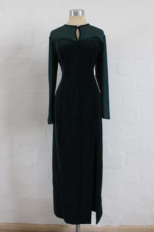 VINTAGE DARK GREEN VELVET SHEER SLEEVES MAXI EVENING COCKTAIL DRESS - SIZE 14