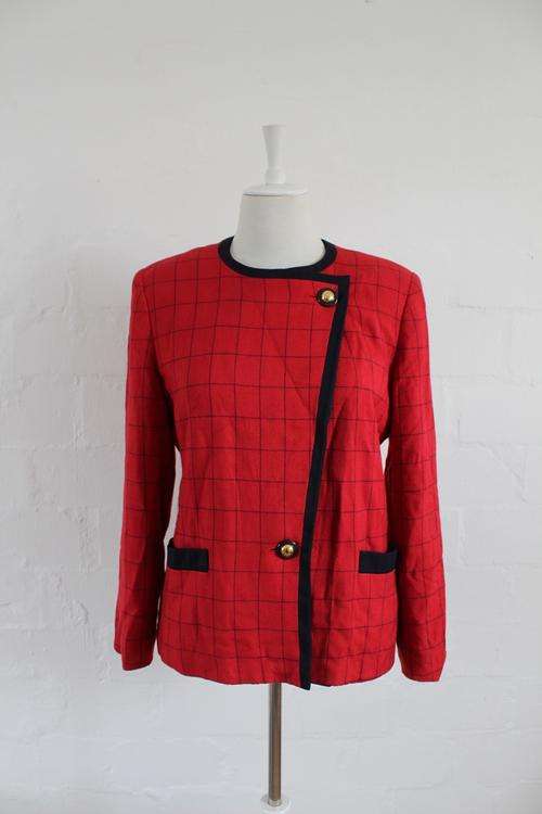 VINTAGE COLLECTIONS FOR LE SUIT RED NAVY CHECK JACKET BLAZER - SIZE 12