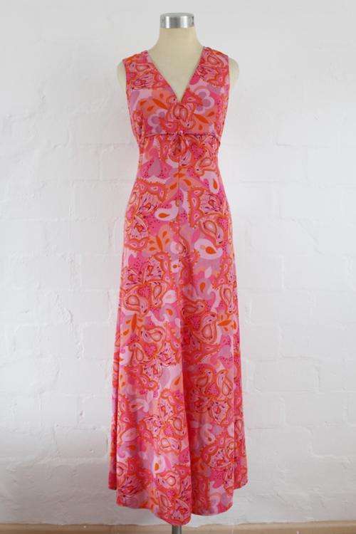 VINTAGE PAISLEY PRINT PINK ORANGE MAXI LONG DRESS - SIZE 12