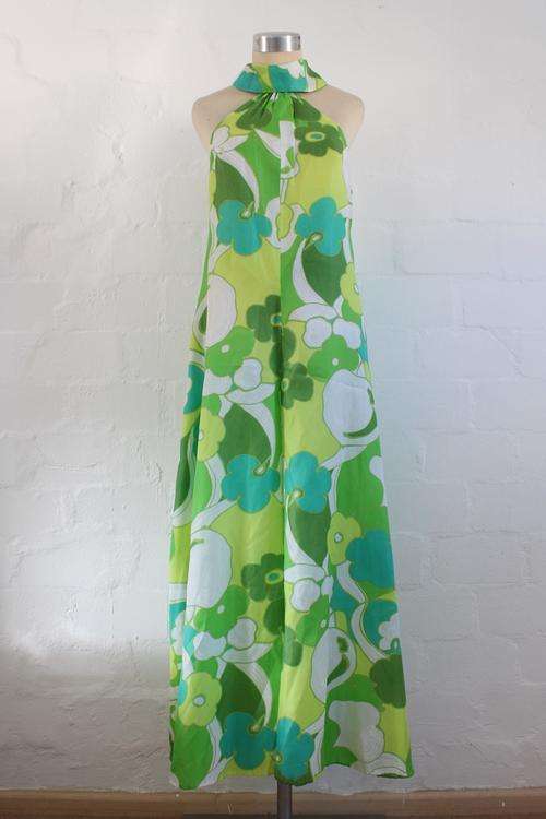 VINTAGE GREEN WHITE HALTERNECK WIDE LEG JUMPSUIT - SIZE 12