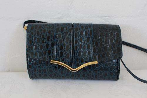 VINTAGE GENUINE LEATHER CROCODILE PRINT BLUE SLING BAG HANDBAG