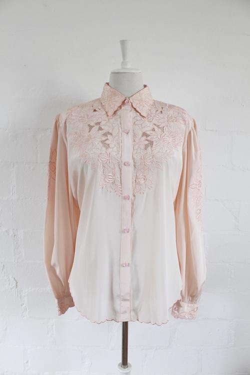 100% SILK VINTAGE LACE EMBROIDERED PINK BLOUSE SHIRT TOP - SIZE 16