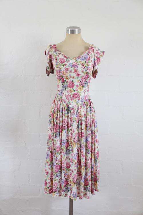 VINTAGE FLORAL PRINT PINK WHITE OFF THE SHOULDER DRESS - SIZE 8