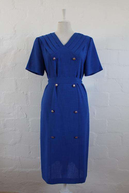 VINTAGE BLUE DOUBLE BREASTED TIE WAIST DRESS - SIZE 14