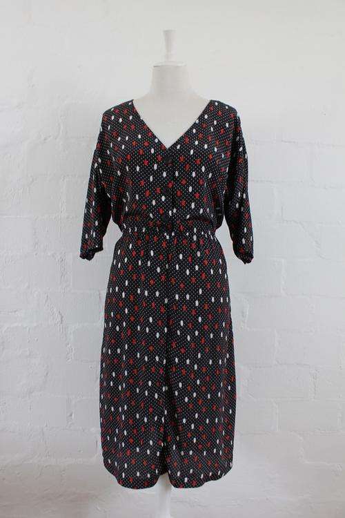 VINTAGE POLKA DOT PRINT BLACK WHITE RED DAY DRESS - SIZE 14